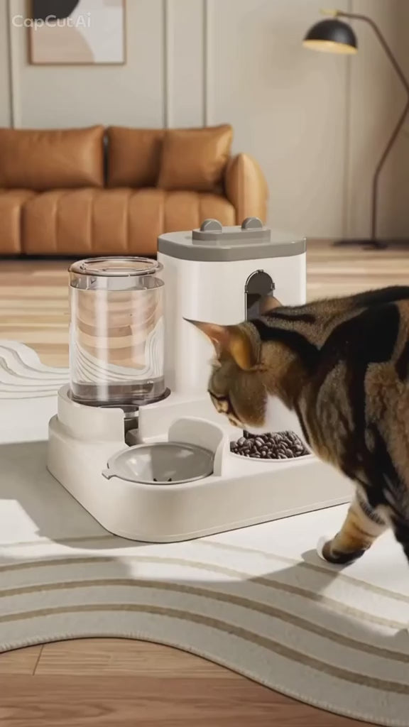 Chat utilisant le distributeur de croquettes et fontaine LimuPets